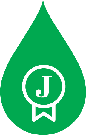 a teardrop icon with the juiced cold pressed juicery logo in the middle, surrounded by a white outline of a badge