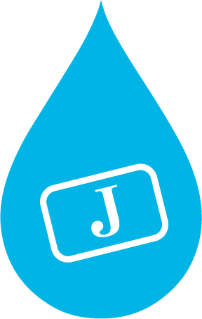 a blue teardrop icon with the juiced cold pressed juicery logo in the middle, surrounded by a white outline of a card