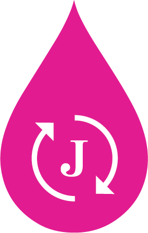 a pink teardrop icon with the juiced cold pressed juicery logo in the middle, surrounded by a white outline of a cyclle