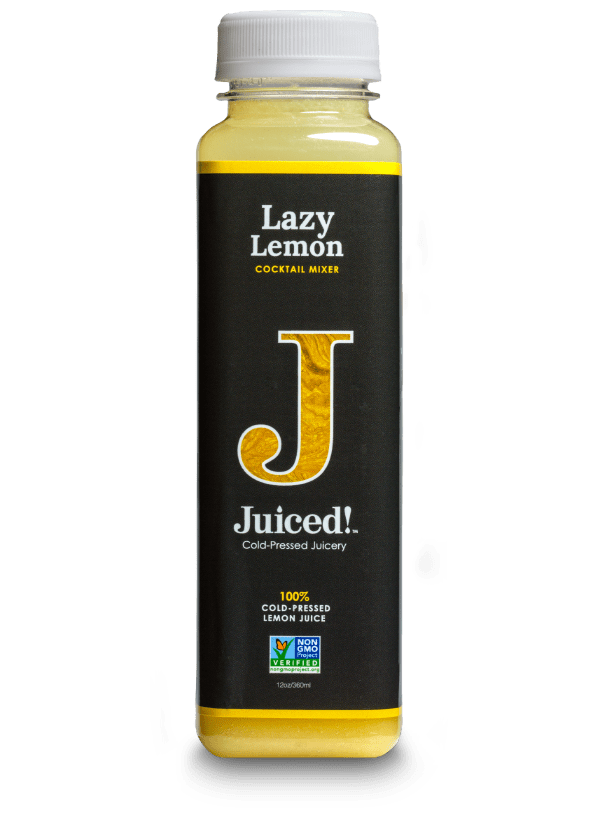 a bottle of lazy lemon, Juiced! Cold-Pressed Juicery's lemon-flavored cocktail mixer with a NON GMO verified logo at the bottom of the bottle's label